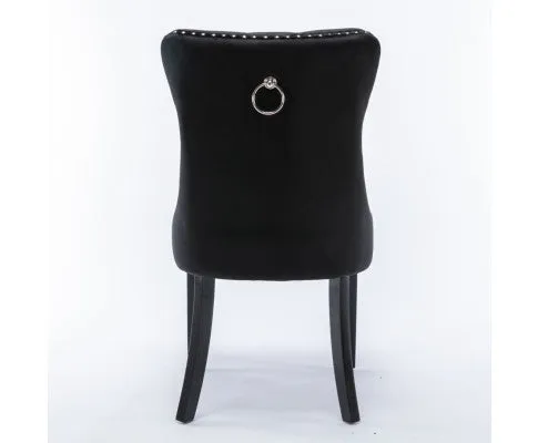 2x Velvet Dining Chairs Upholstered Tufted Kithcen Chair with Solid Wood Legs Stud Trim and Ring-Black