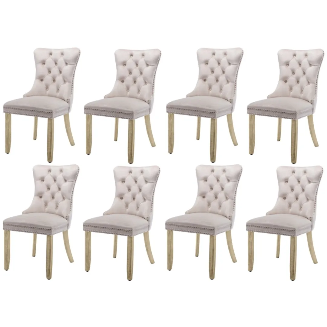 8x Velvet Dining Chairs, Upholstered Tufted, Solid Wood Legs