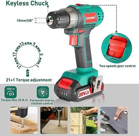 Cordless Drill Driver Set with 2000mAh Battery, 1500RPM, 20V/18V