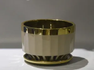 Elegant Gold-Ceramic Faceted Planter with Matching Plate