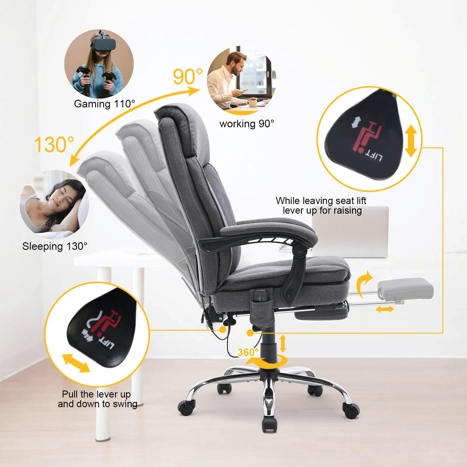 Ergonomic Reclining  Massage Office Chair Gifts For College with Breathable Fabric Dark Gray