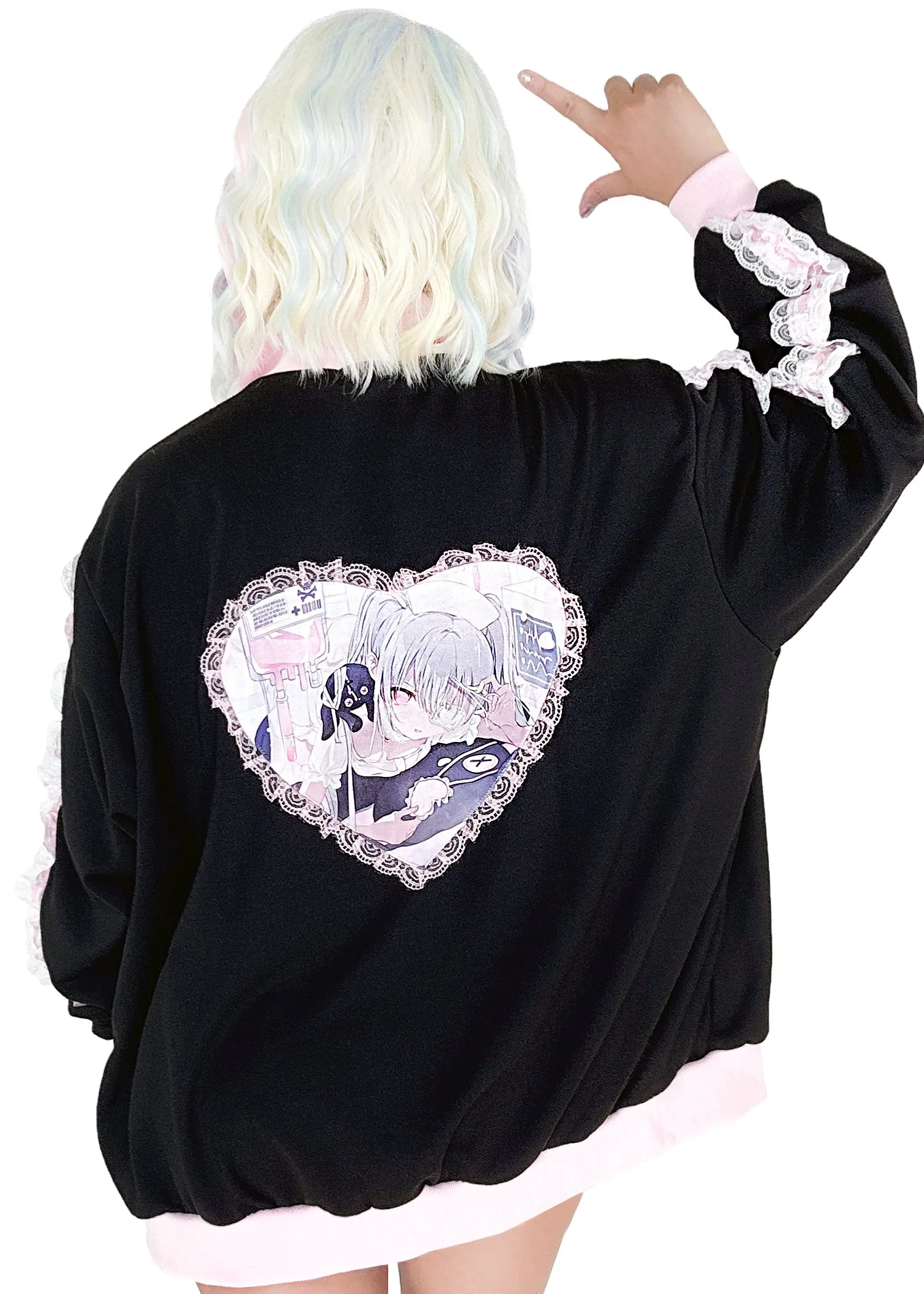 Healing Hearts Oversized Anime Zip Up Jacket in Black/Pink