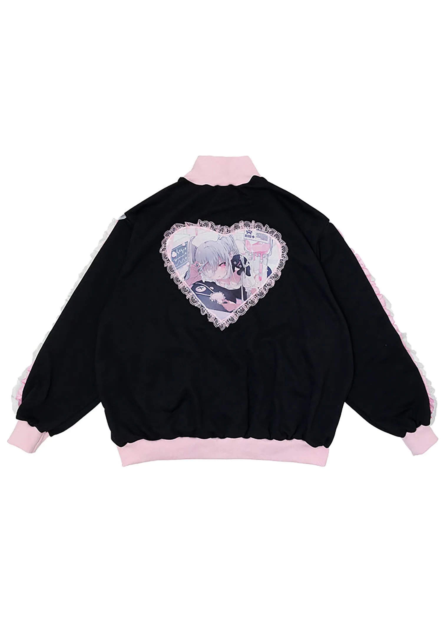 Healing Hearts Oversized Anime Zip Up Jacket in Black/Pink