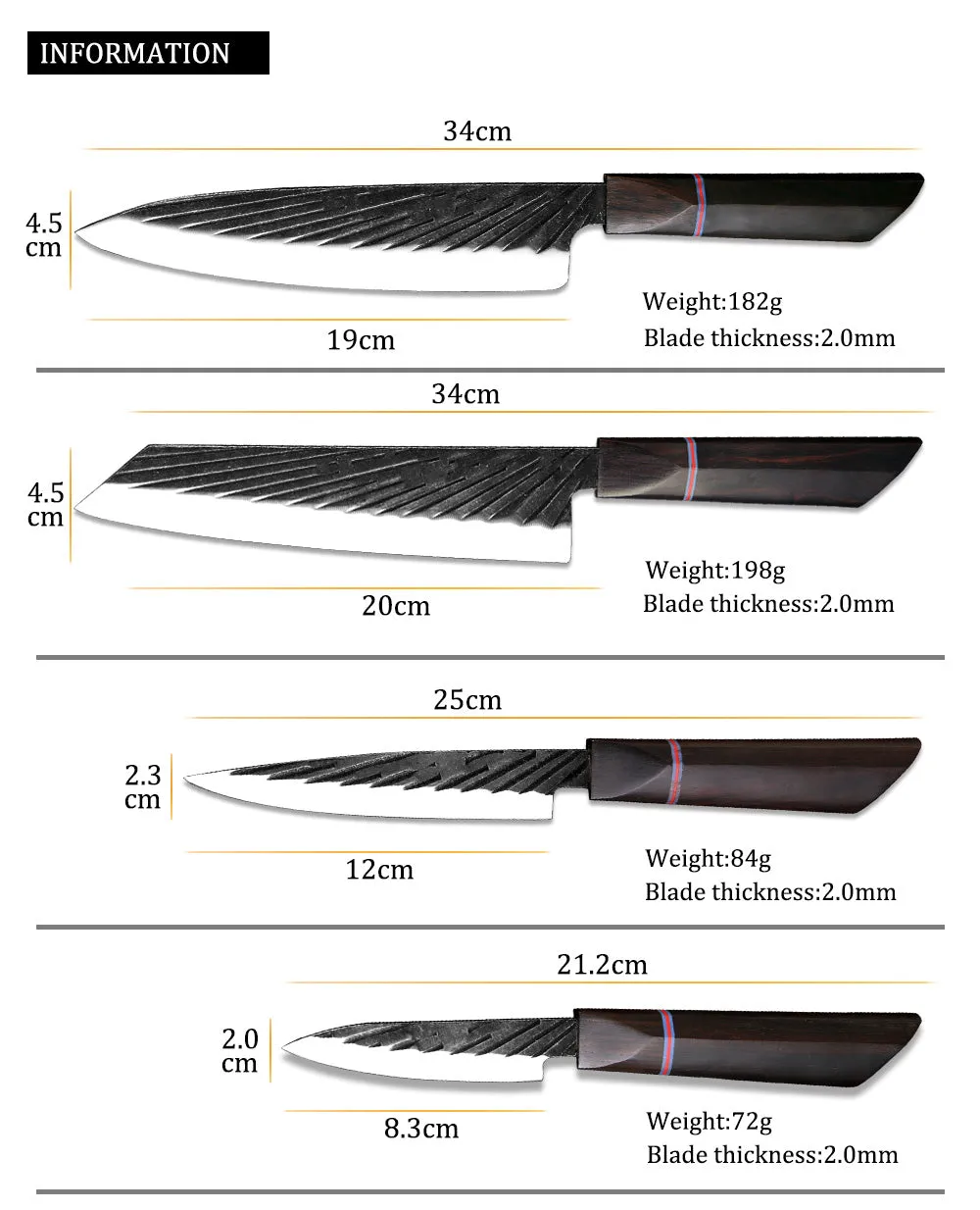 Japanese style cutting knife set