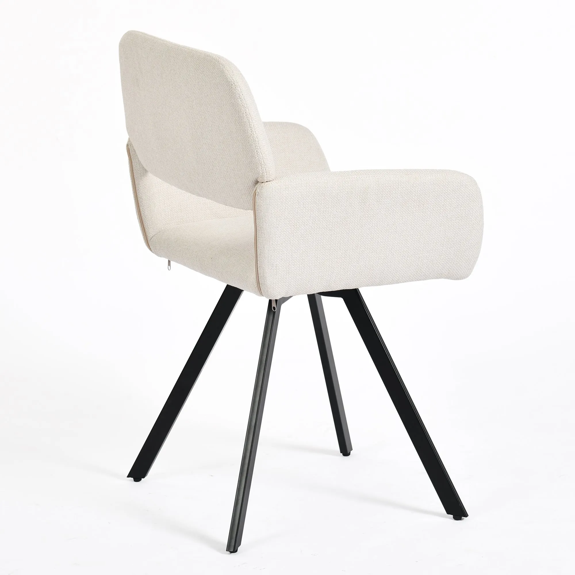 Modern Upholstered Swivel Chair - Beige Fabric Seat with Armrests, Black Metal Legs, Ergonomic Design