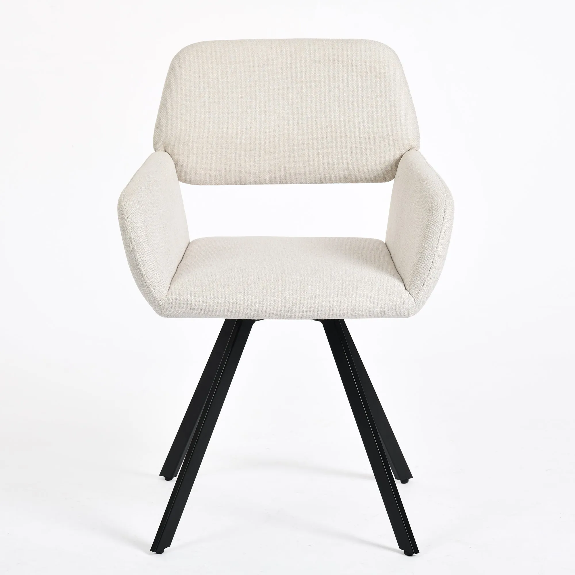 Modern Upholstered Swivel Chair - Beige Fabric Seat with Armrests, Black Metal Legs, Ergonomic Design