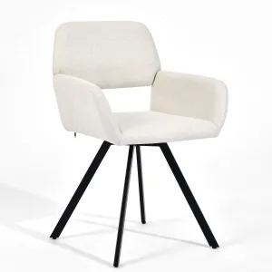 Modern Upholstered Swivel Chair - Beige Fabric Seat with Armrests, Black Metal Legs, Ergonomic Design