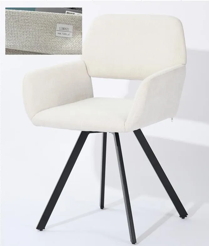 Modern Upholstered Swivel Chair - Beige Fabric Seat with Armrests, Black Metal Legs, Ergonomic Design