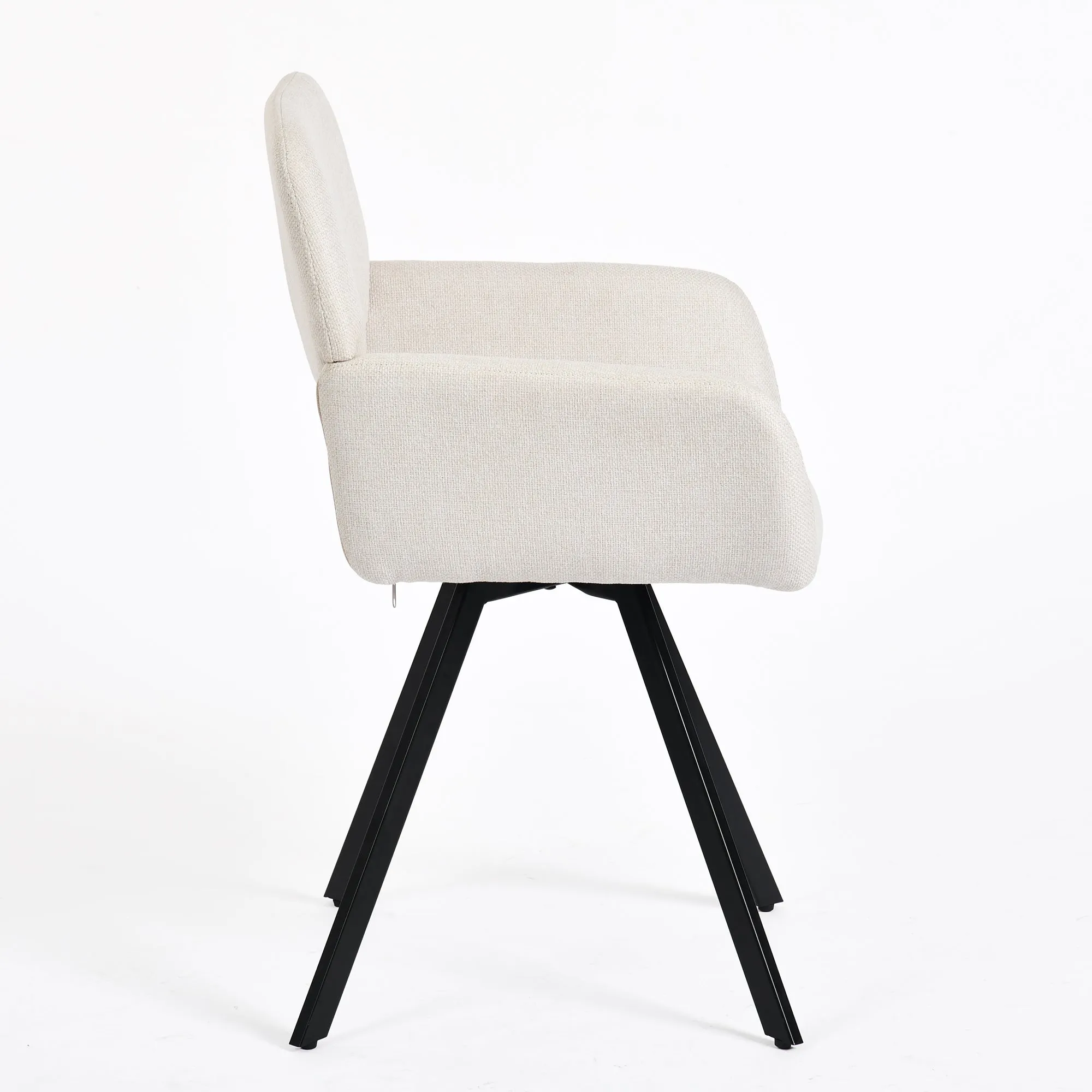 Modern Upholstered Swivel Chair - Beige Fabric Seat with Armrests, Black Metal Legs, Ergonomic Design