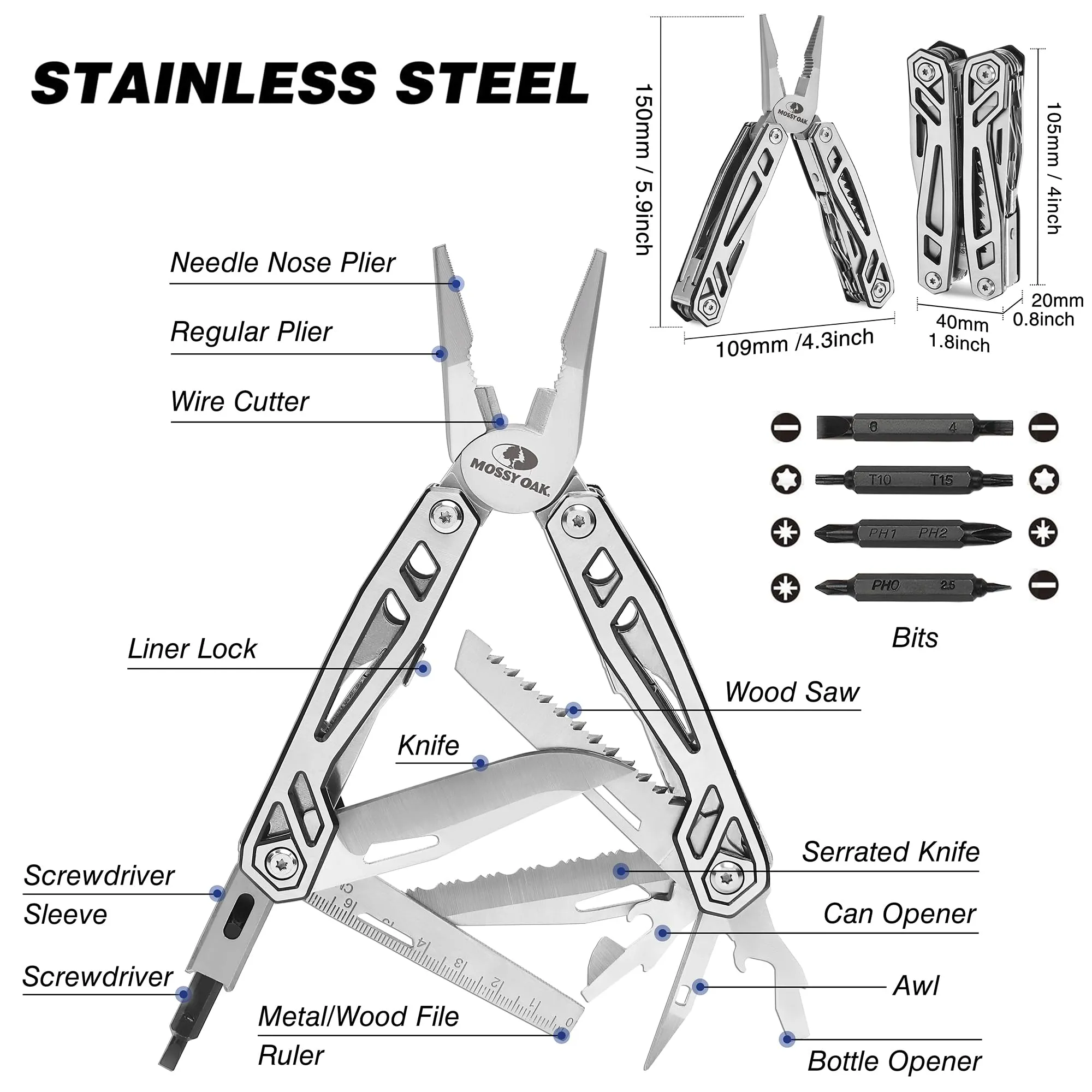MOSSY OAK Multitool, 21-in-1 Stainless Steel Pocket Knife with Screwdriver Sleeve, Self-locking Pliers with Sheath-Perfect for Outdoor, Survival, Camping, Hiking, Simple Repair