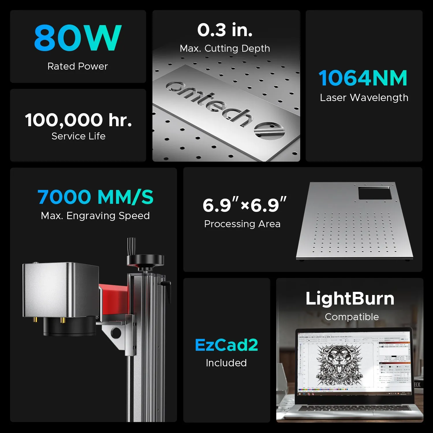 MP6969-80 - 80W MOPA FIBER LASER MARKING ENGRAVING MACHINE WITH 6.9" X 6.9" WORKING AREA