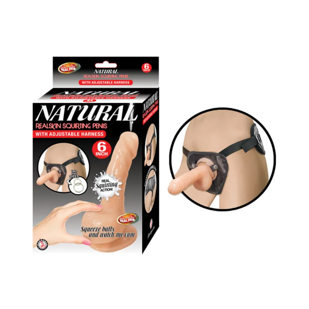 Natural Realskin Squirting Penis W/adjustable Harness 6in Flesh