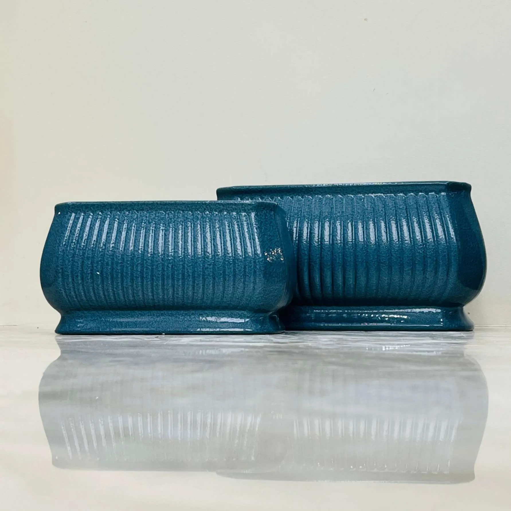 Set of 2 Blue Ribbed Rectangular Ceramic Planter