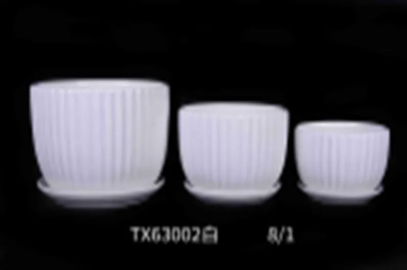 Striped White Ceramic Pot - Modern Design, High-Quality Material - Set Of 3