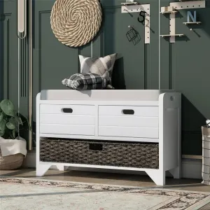 versatile Narrow Storage Bench, Solid Wood Entryway Bench with 2 Drawers, White Washed