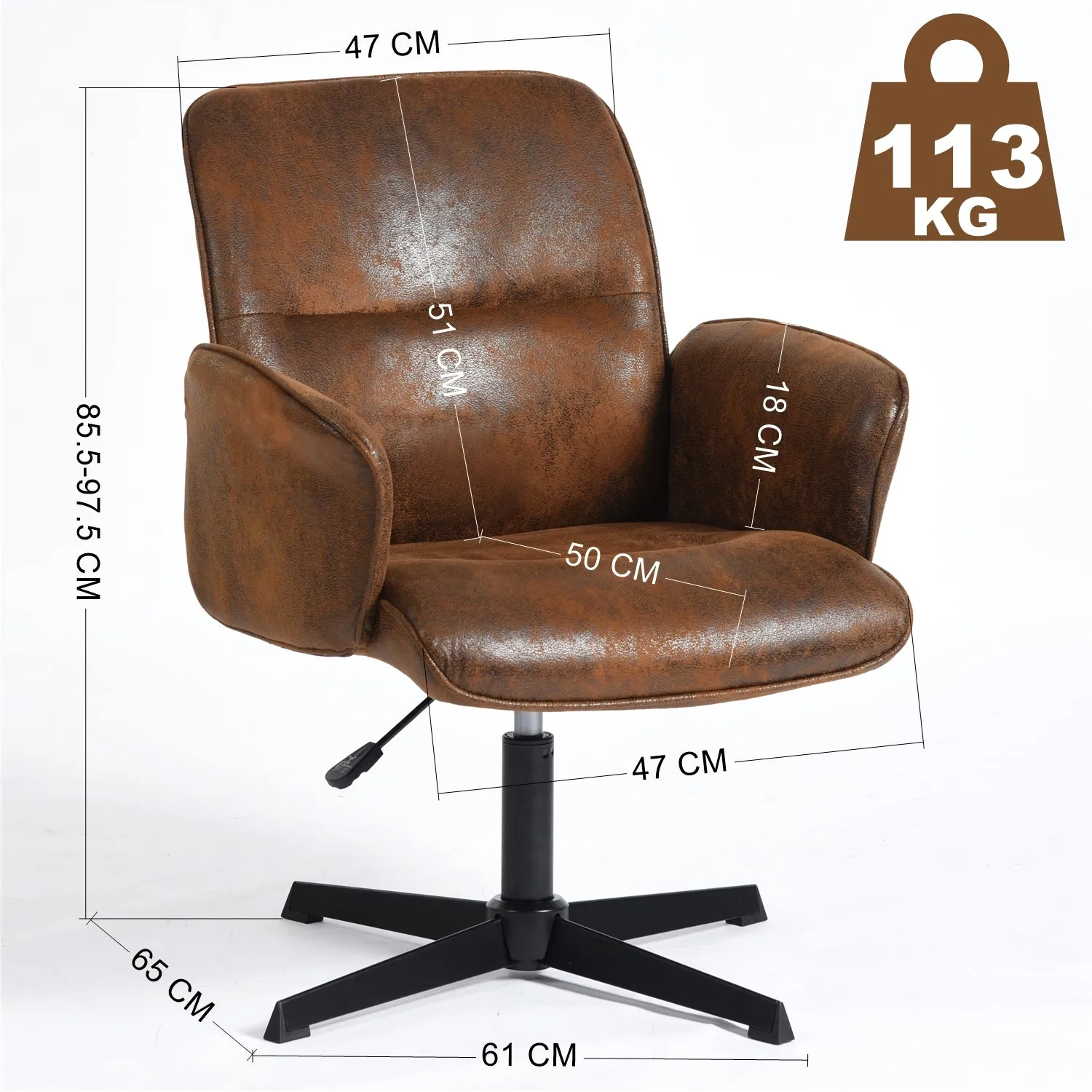 Vintage Leather Swivel Office Chair - Brown Faux Leather Upholstery with Adjustable Height, Ergonomic Design